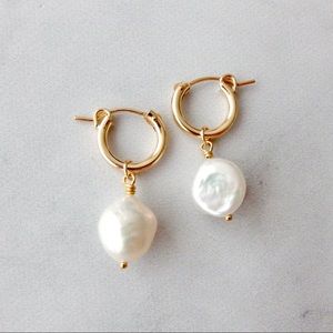 Baroque pearl huggie hoops 14k gold fill